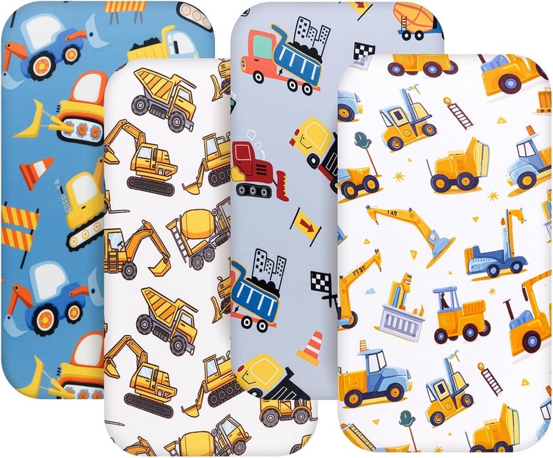 FIGEPO 4 Pack Baby Boy Bassinet Sheets Set Soft Fitted Baby Boy Mattress Covers Construction Truck or Dinosaur Theme Breathable Toddler Sheets for Infant Boys (Construction Truck, Bassinet Sheets) - Image 1